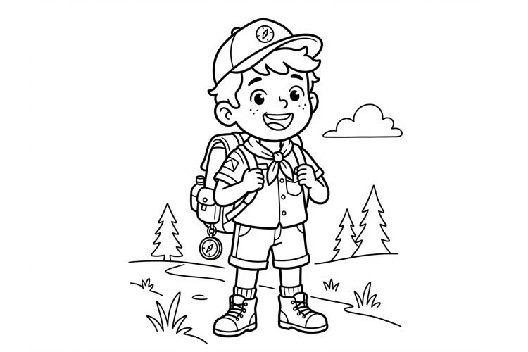 Cute boy scout coloring page for kids with backpack and cap