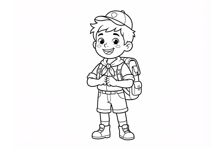 Little Boy Scout Hiking in Nature Coloring Page for Kids