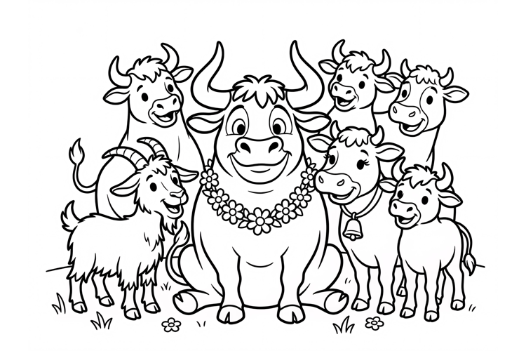 Cute farm animals coloring page for kids with bull