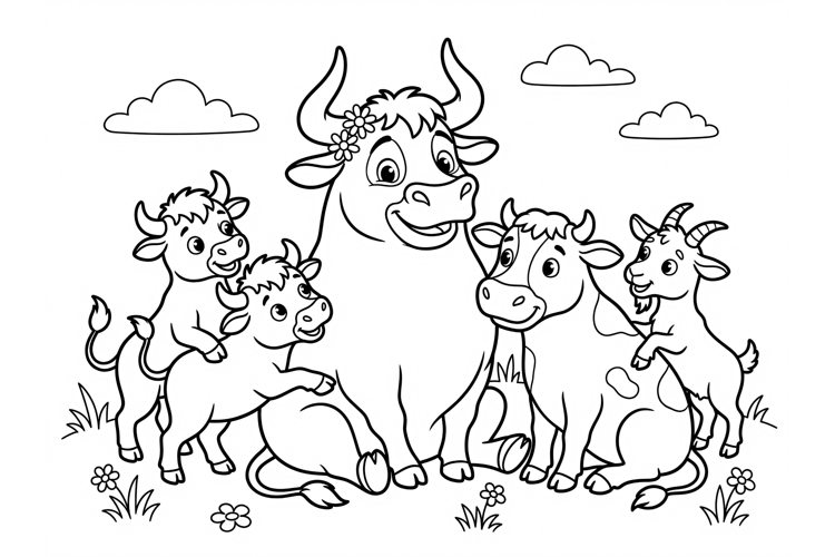 Cute farm animals coloring page for kids with bull