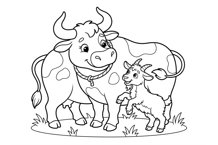 Cute cow and baby goat coloring page for kids farm animls