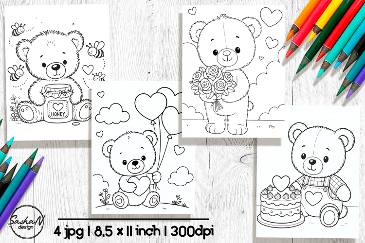 Cute bear Valentines coloring pages for kids