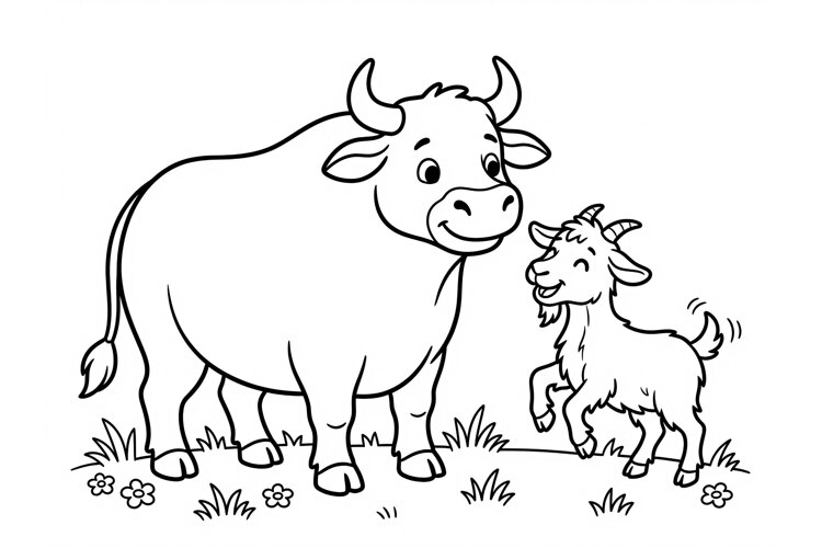 Cute cow and baby goat coloring page for kids farm animls example image 1