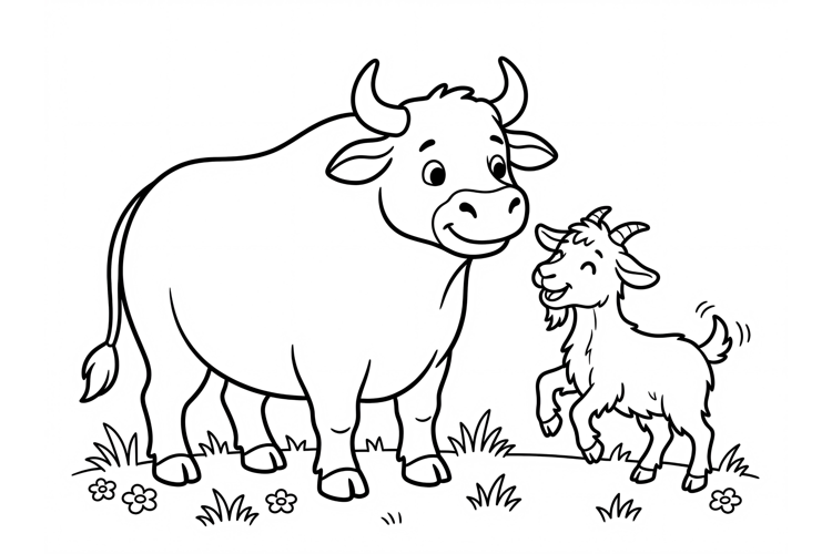 Cute cow and baby goat coloring page for kids farm animls