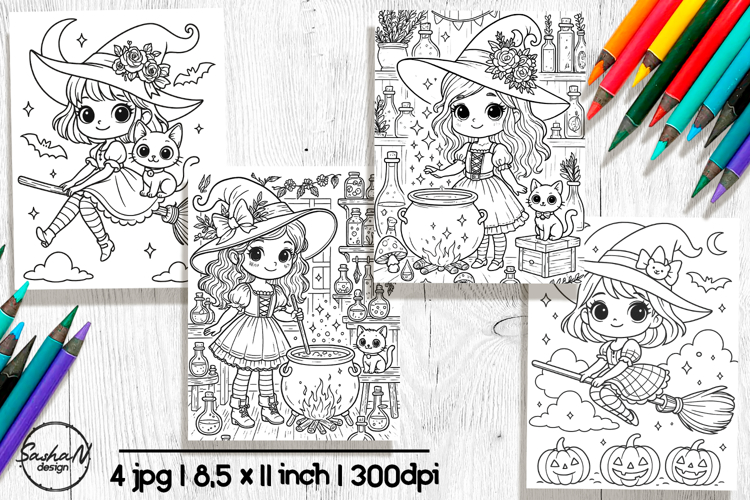 Cute Halloween coloring pages, Cute witch clipart