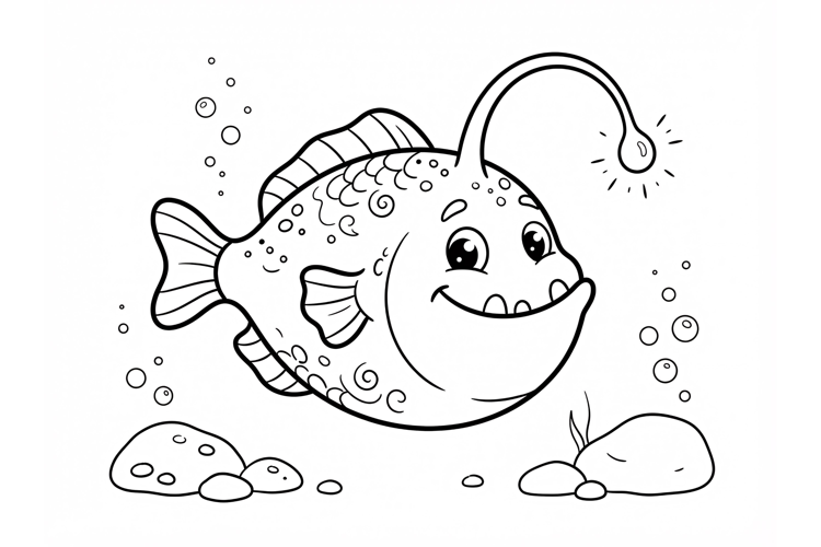 Cute Anglerfish Coloring Page for Kids, Cartoon Deep Fish