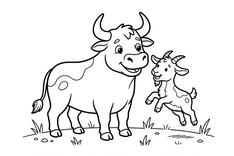 Cute cow and baby goat coloring page for kids farm animls example image 1