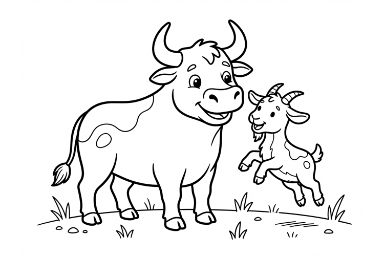 Cute cow and baby goat coloring page for kids farm animls