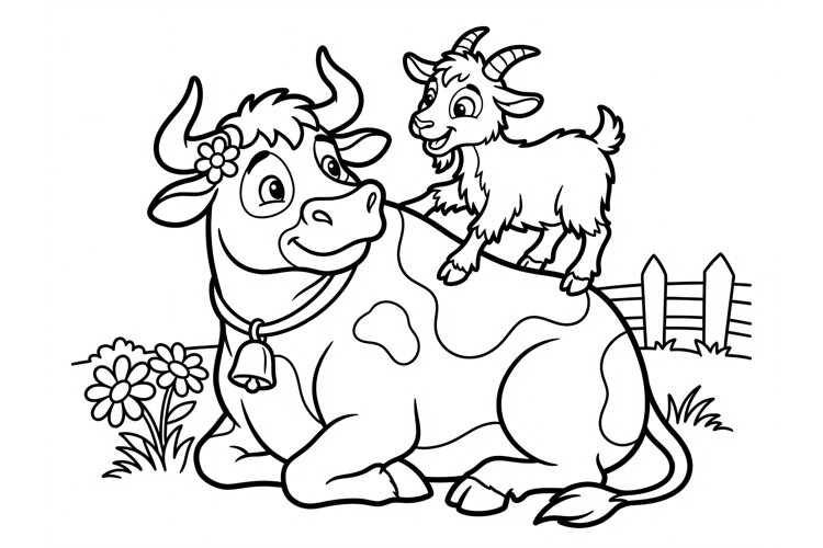 Cute cow and baby goat coloring page for kids, farm animal example image 1