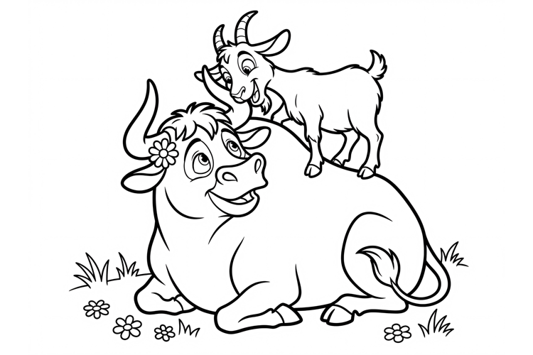 Cute cow and goat coloring page for kids, cartoon
