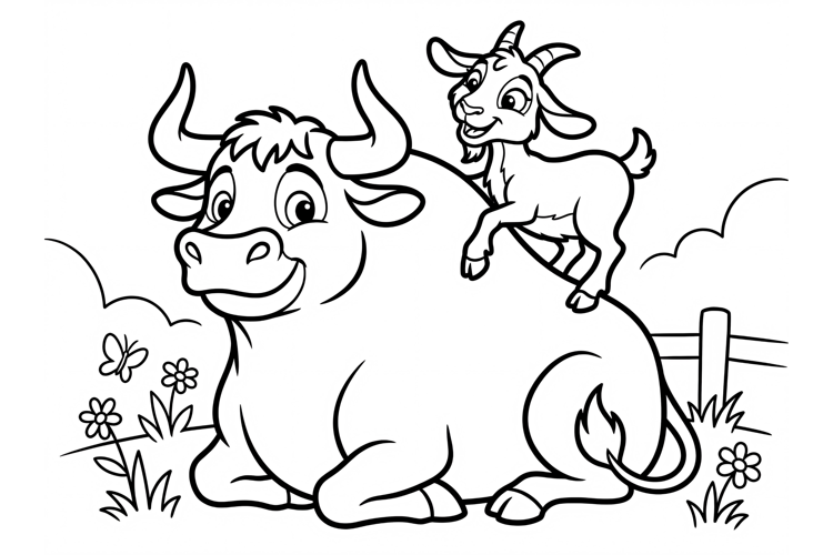 Cute cow and goat coloring page for kids, cartoon