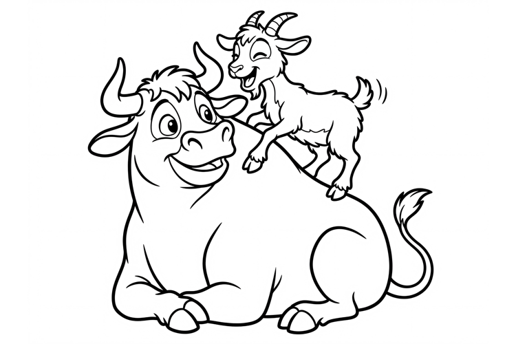 Cute cow and goat coloring page for kids, cartoon