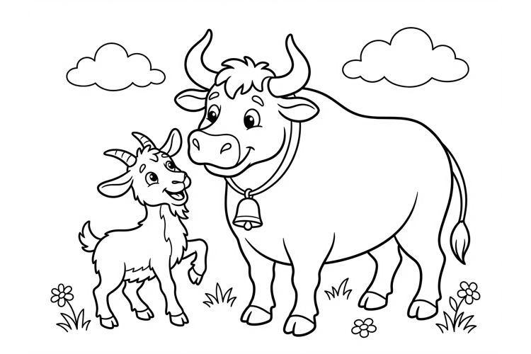 Cute cow and goat coloring page for kids, cartoon