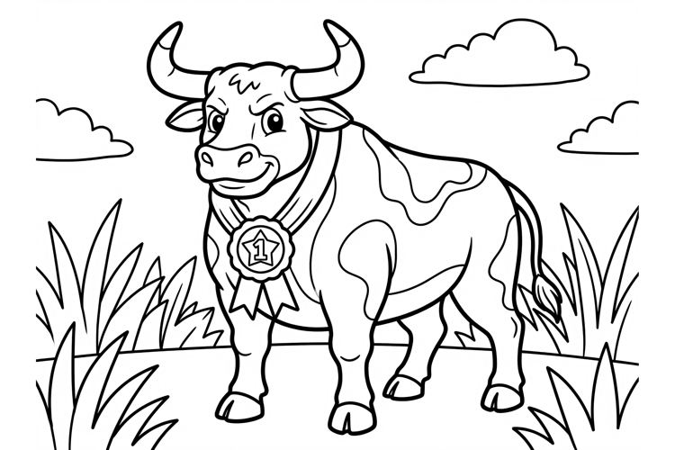 Cute Bull Coloring Page for Kids with First Place Ribbon