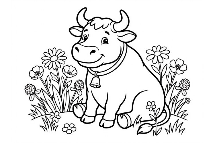 Cute cartoon cow coloring page for kids with flowers example image 1