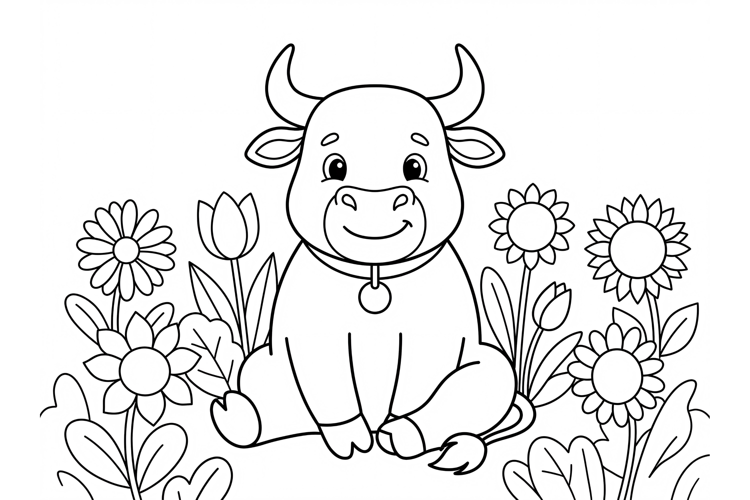 Cute cartoon bull coloring page for kids with flowers