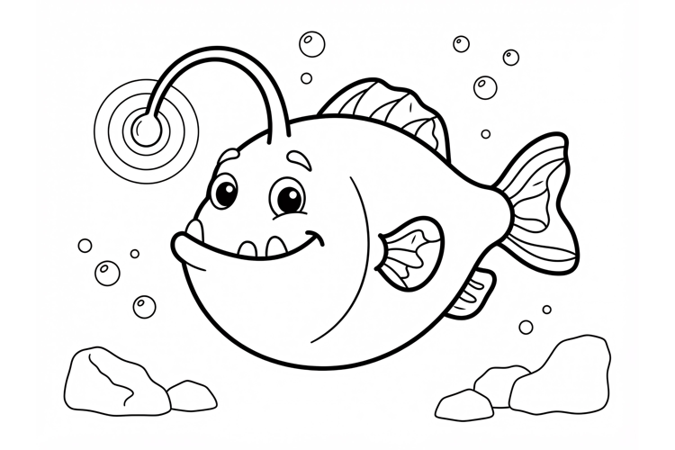 Cute Anglerfish Coloring Page for Kids with Underwater Sea