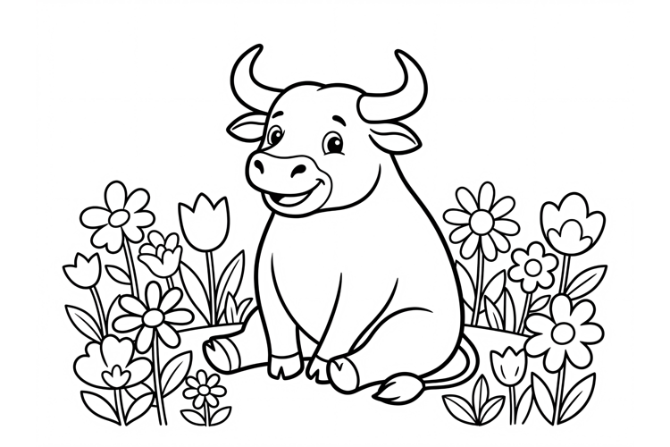 Cute cartoon bull coloring page for kids with flowers
