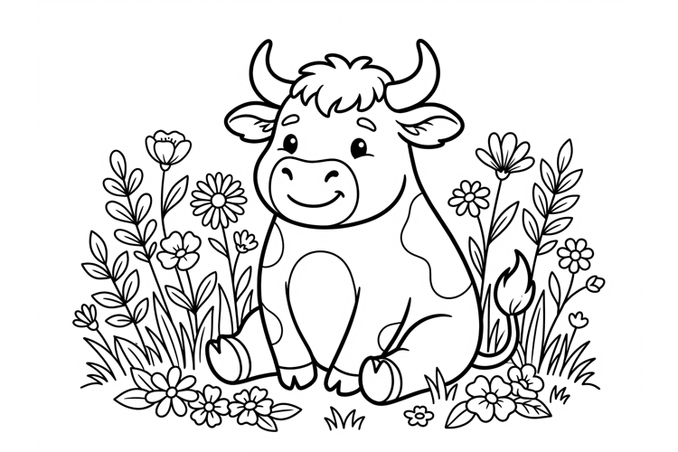 Cute cartoon bull coloring page for kids with flowers