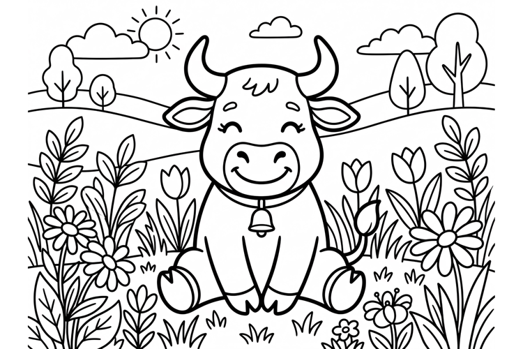 Cute cartoon bull coloring page for kids with flowers