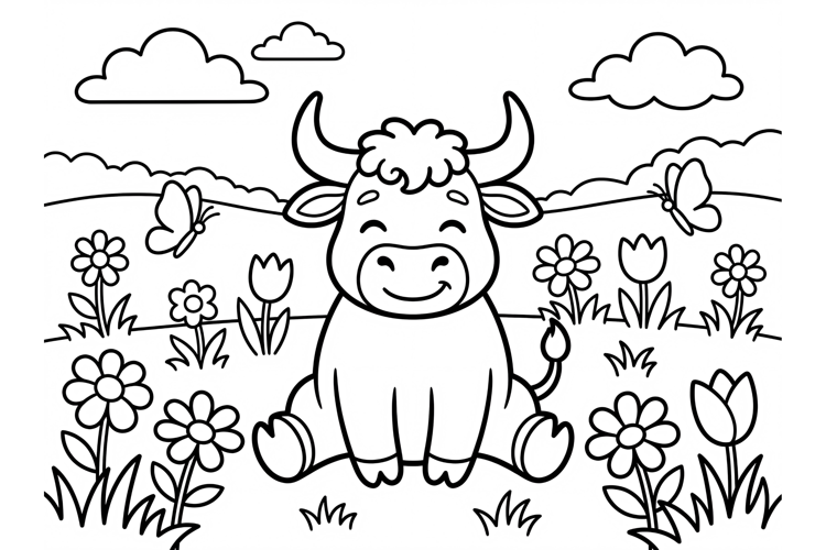 Cute cartoon bull coloring page for kids with flowers