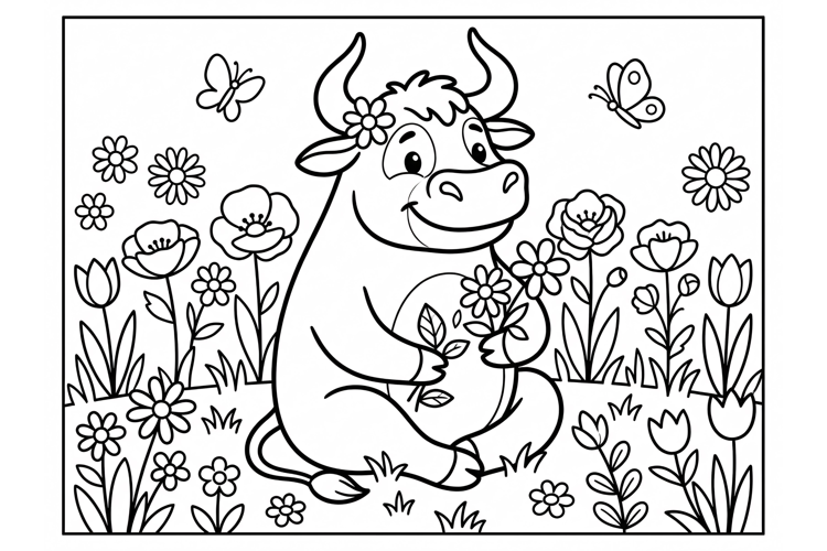 Cute cartoon bull coloring page for kids with flowers