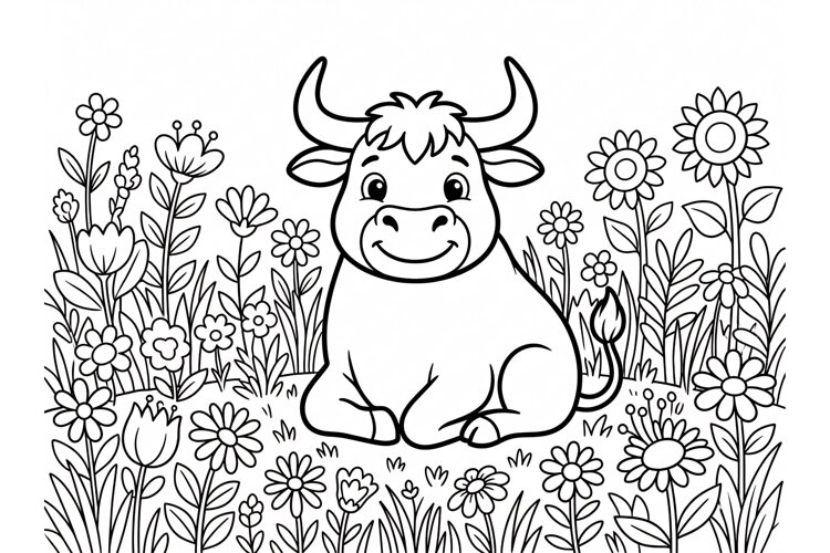 Cute cartoon bull in a flower meadow coloring page for kids example image 1