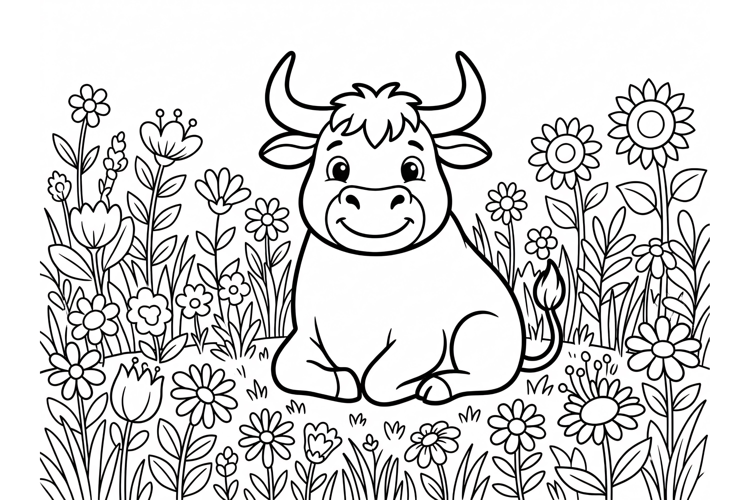 Cute cartoon bull in a flower meadow coloring page for kids