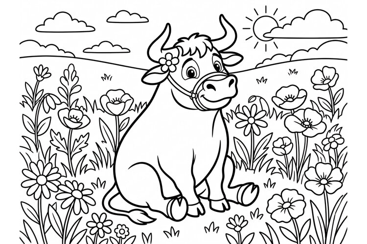 Cute cartoon bull coloring page for kids in a flower meadow example image 1