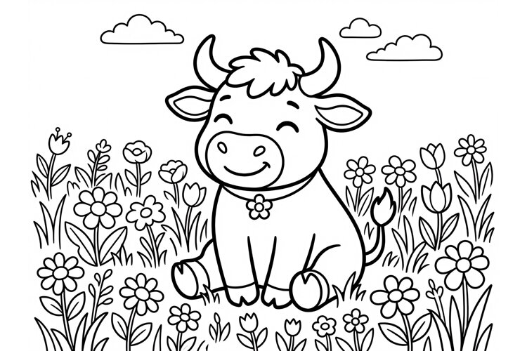 Cute Cow Coloring Page for Kids with Flowers in a Meadow example image 1