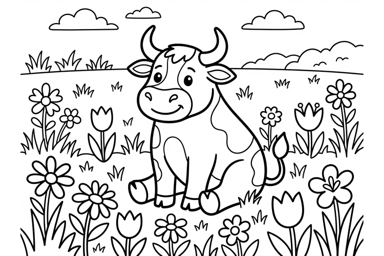 Cute cow coloring page for kids with flowers in a meadow