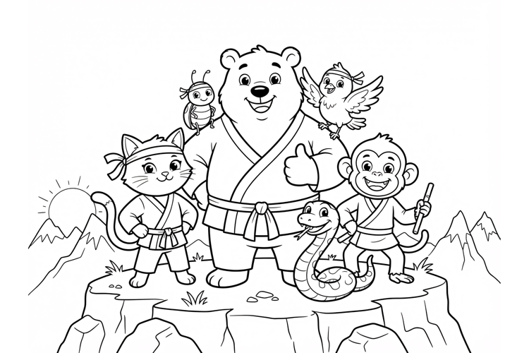 Animal Martial Arts Team Coloring Page for Kids