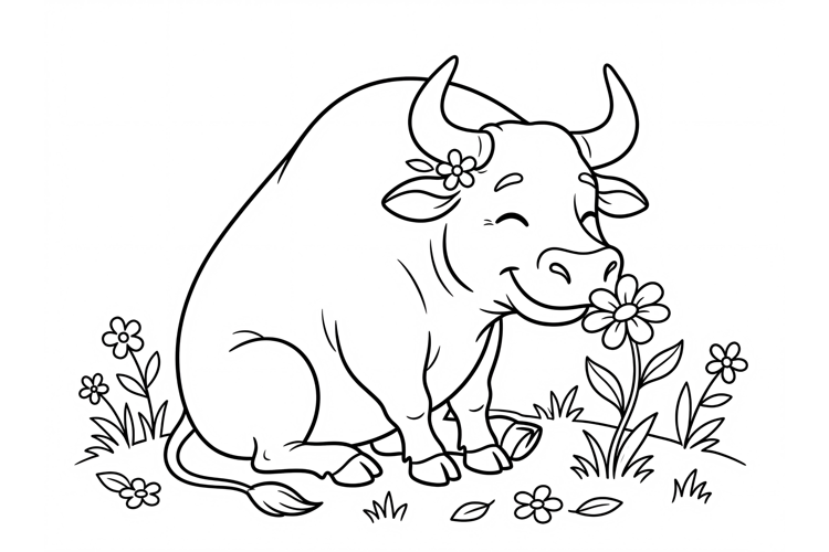 Cute bull coloring page for kids with a happy ox smelling