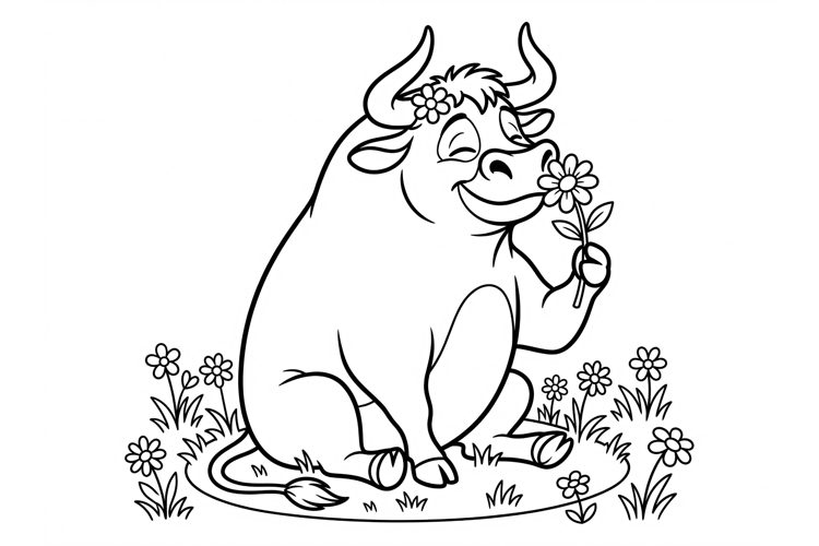 Cute Bull Coloring Page for Kids with Flower Illustration