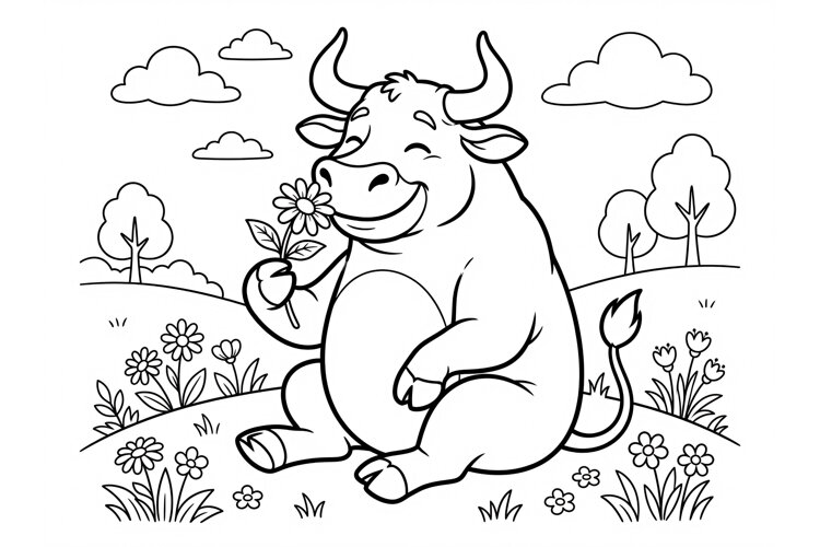 Cute Bull Coloring Page for Kids with Happy Animal Smelling example image 1