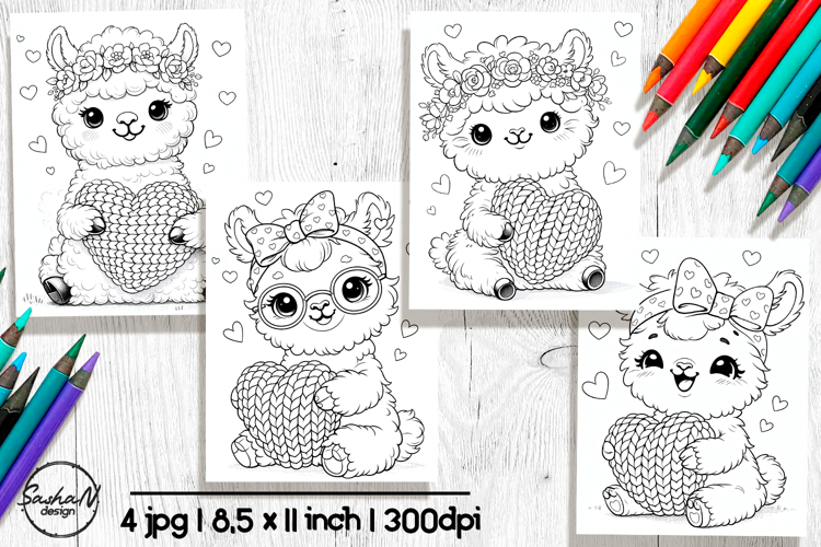 Cute Llama Valentine Coloring Pages, Kawaii Coloring Page