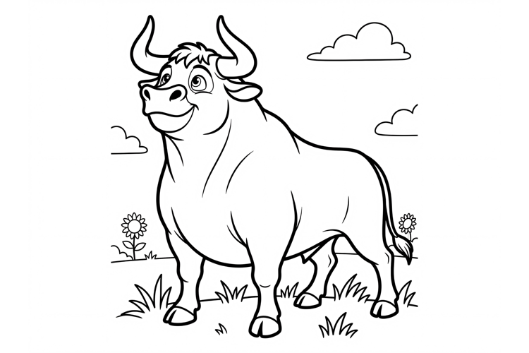 Cute Bull Coloring Page for Kids, Cartoon Farm Animal Line