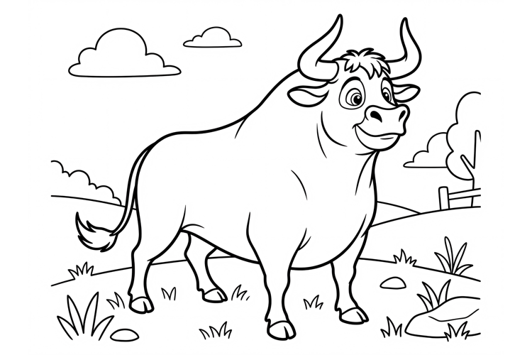 Cute Cartoon Bull Coloring Page for Kids, Vector Line Art