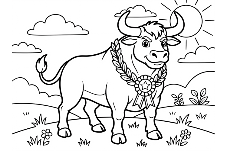 Bull coloring page for kids with a champion ribbon