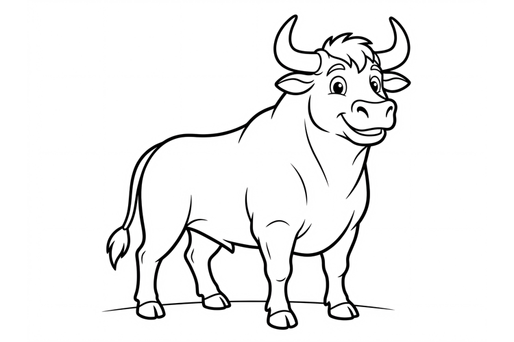 Cute cartoon bull coloring page for kids, simple line art