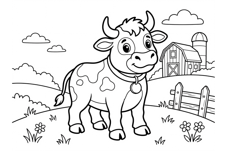 Cute Cow Coloring Page for Kids with Farm Background and Bar