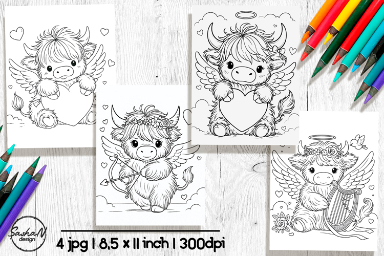 Cute highland cow Valentines coloring pages for kids