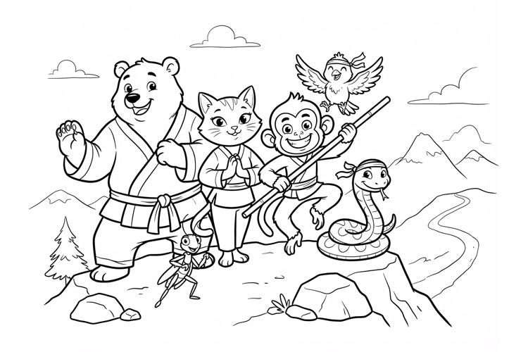 Animal Martial Arts Team with Bear & Cat Coloring Page