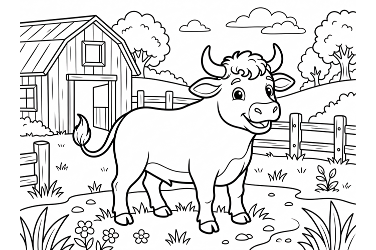 Cute Cow Coloring Page for Kids with Farm Background and Bar