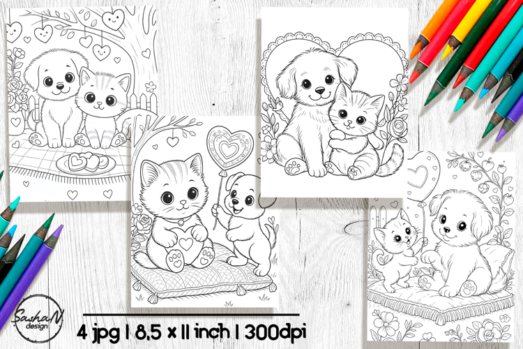 Puppy and Kitten Valentine Coloring Pages, Cute Animal Love