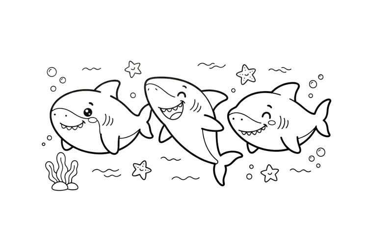 Cute cartoon sharks coloring page for kids with underwater