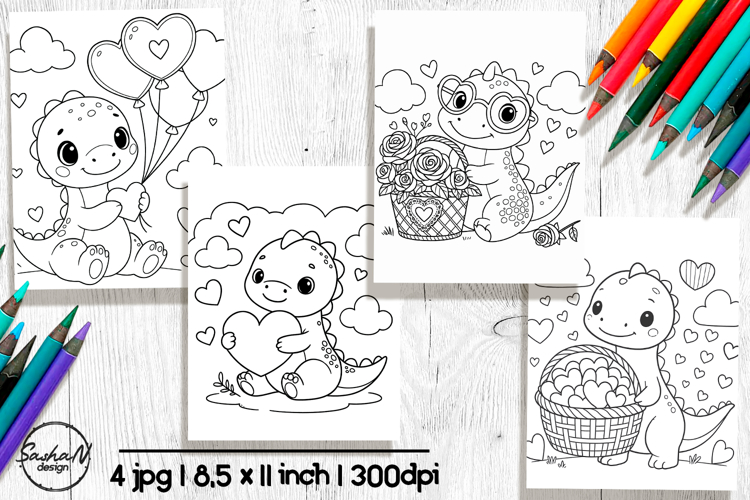 Cute dino Valentines coloring pages for kids