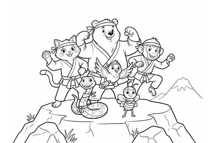 Animal Martial Arts Team with Bear & Cat Coloring Page example image 1