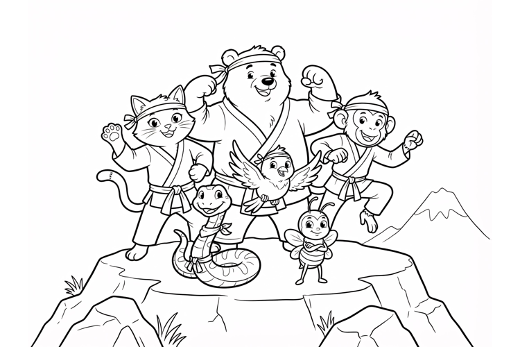 Animal Martial Arts Team with Bear & Cat Coloring Page