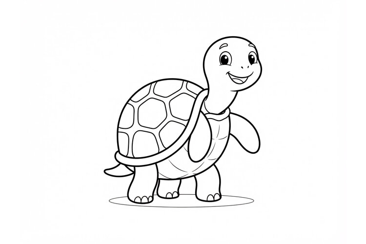 Cute cartoon turtle coloring page for kids with simple black example image 1